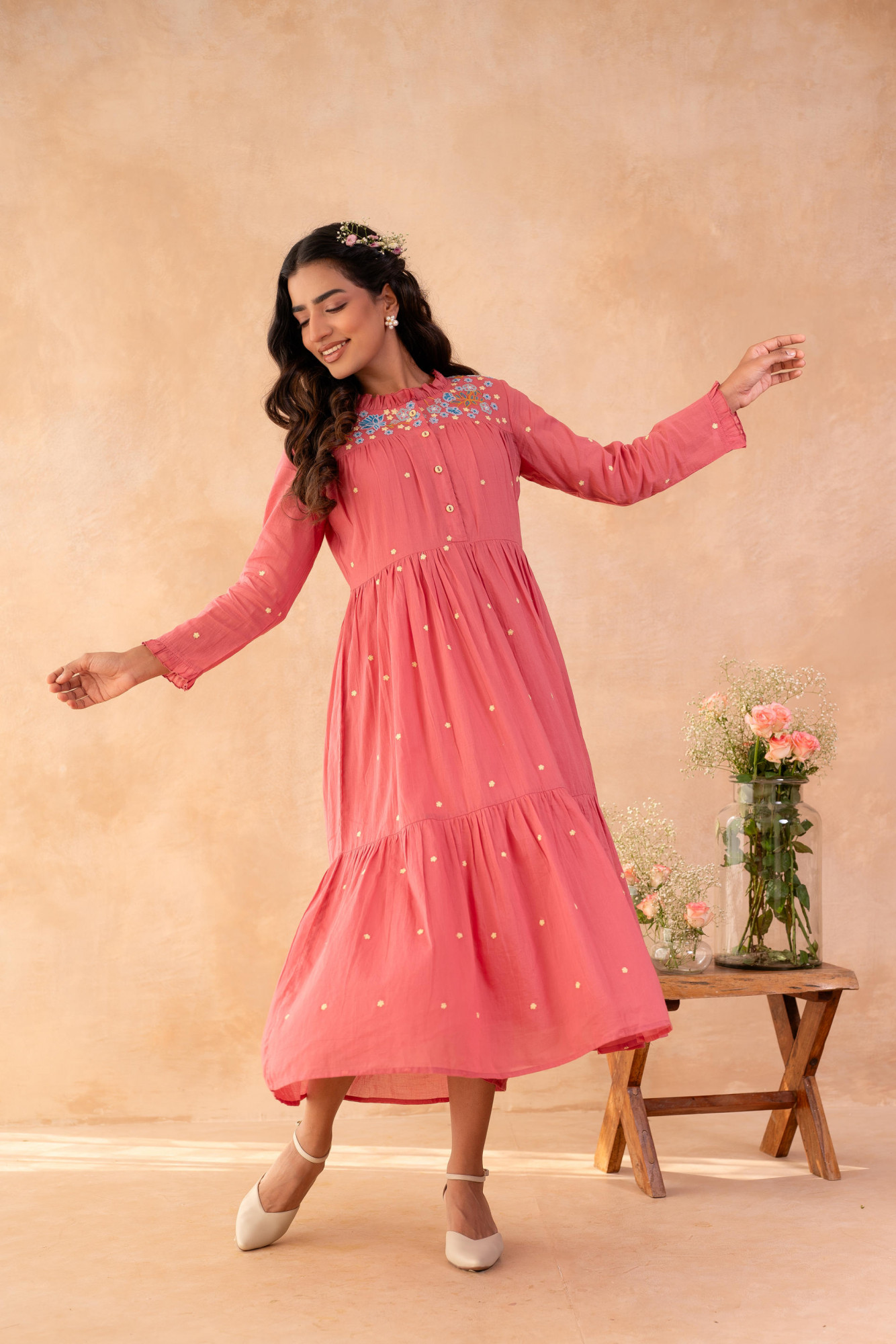 onion pink dress Elegant Pearls Embellished Onion Pink Ruffle Dress With Floral Hair Cl