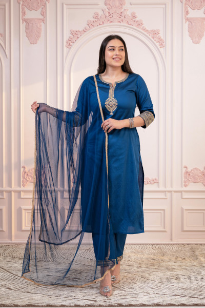 Blue Viscose Straight Kurta Pant Dupatta Set with Thread Work & Gota Patti