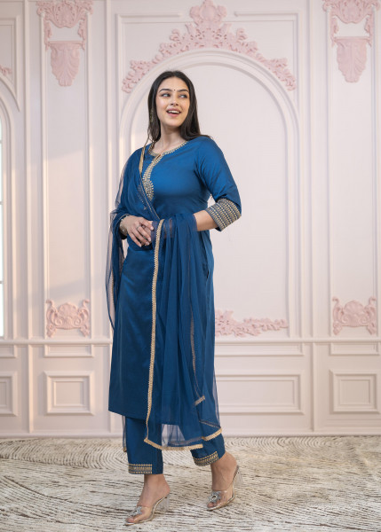 Blue Viscose Straight Kurta Pant Dupatta Set with Thread Work & Gota Patti