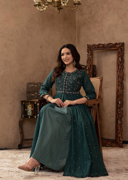 Green Floral Embroidered Cotton Dress with Button Details