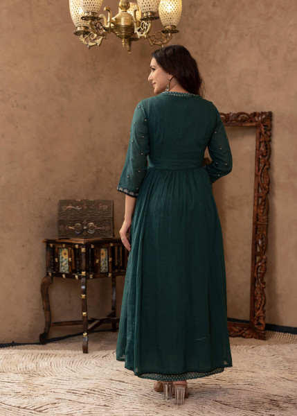 Green Floral Embroidered Cotton Dress with Button Details