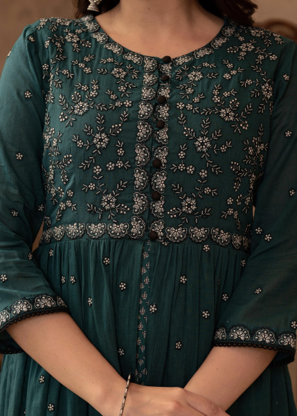 Green Floral Embroidered Cotton Dress with Button Details