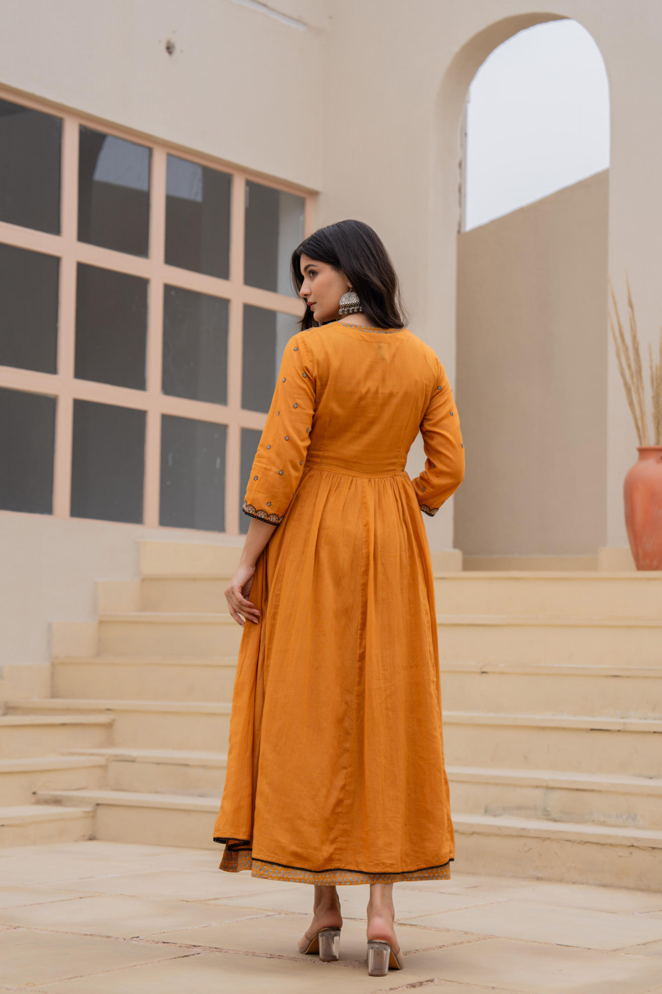 Mustard Floral Embroidered Cotton Dress with Button Closure & Cotton Lace