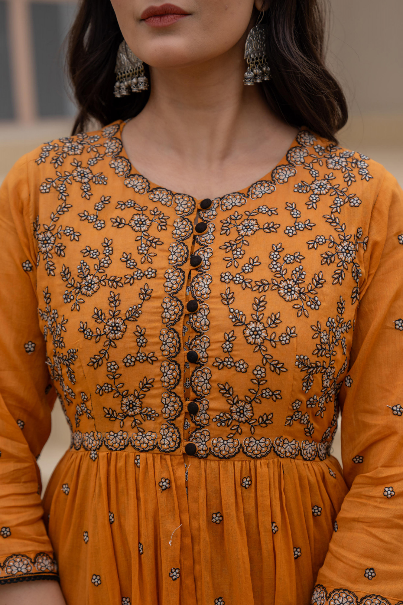 Mustard Floral Embroidered Cotton Dress with Button Closure & Cotton Lace