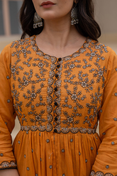Mustard Floral Embroidered Cotton Dress with Button Closure & Cotton Lace