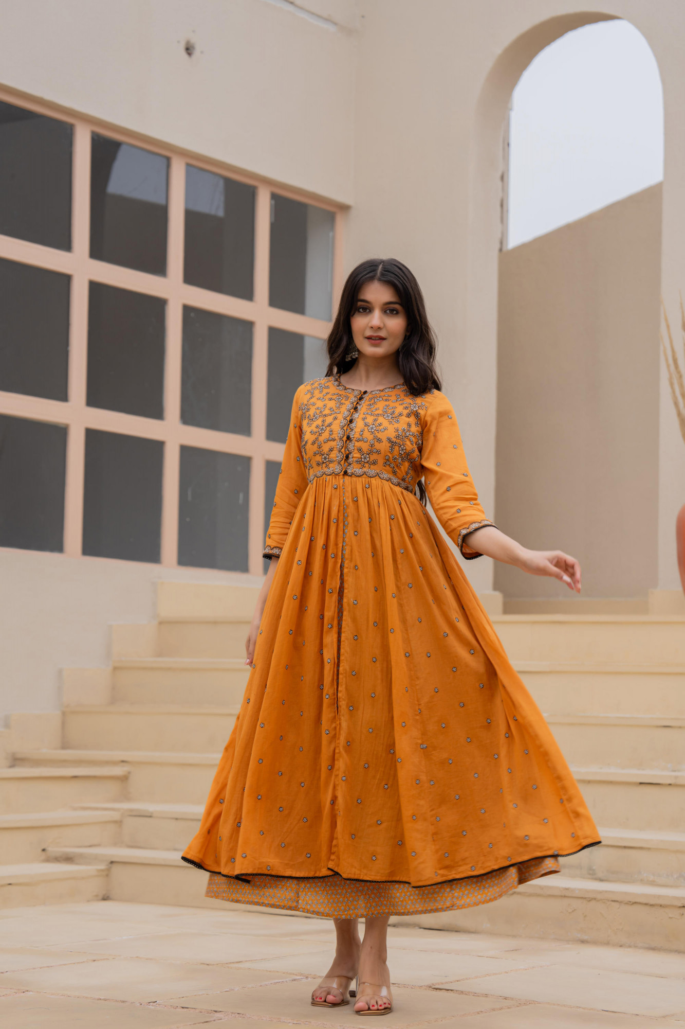 Mustard Floral Embroidered Cotton Dress with Button Closure & Cotton Lace