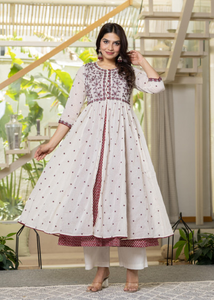 Women Red Printed  &  Solid With Embroidered Longdress