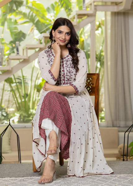 Women Red Printed  &  Solid With Embroidered Longdress
