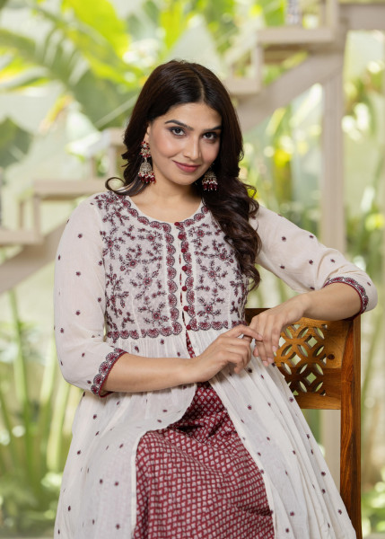 Women Red Printed  &  Solid With Embroidered Longdress