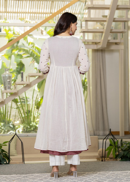 Women Red Printed  &  Solid With Embroidered Longdress