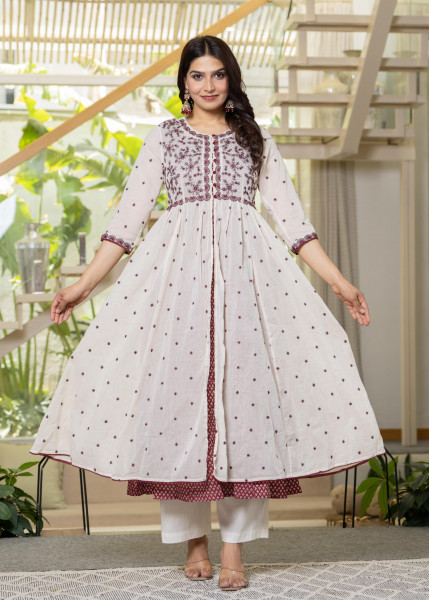 Women Red Printed  &  Solid With Embroidered Longdress
