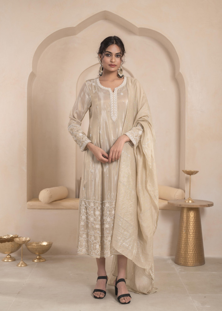 Cheeku Viscose Embroidered A-Line Long Dress and Inner, Chanderi Dupatta, With Beads & Thread Work