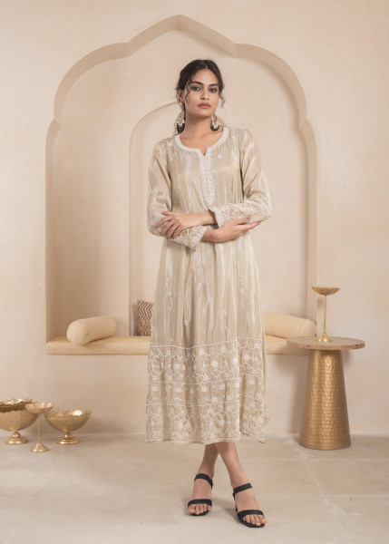Cheeku Viscose Embroidered A-Line Long Dress and Inner, Chanderi Dupatta, With Beads & Thread Work