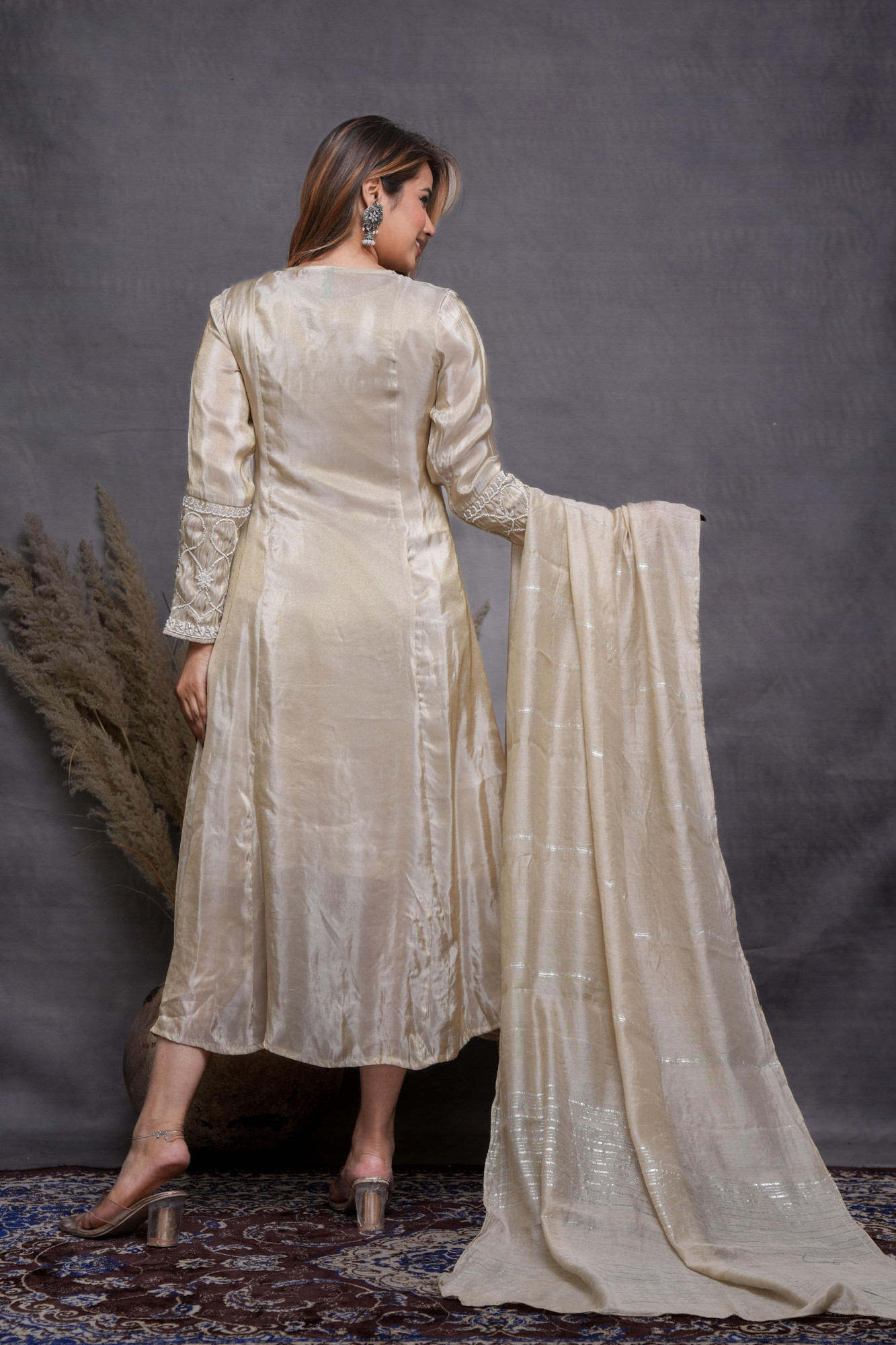 Cheeku Viscose Embroidered A-Line Long Dress and Inner, Chanderi Dupatta, With Beads & Thread Work