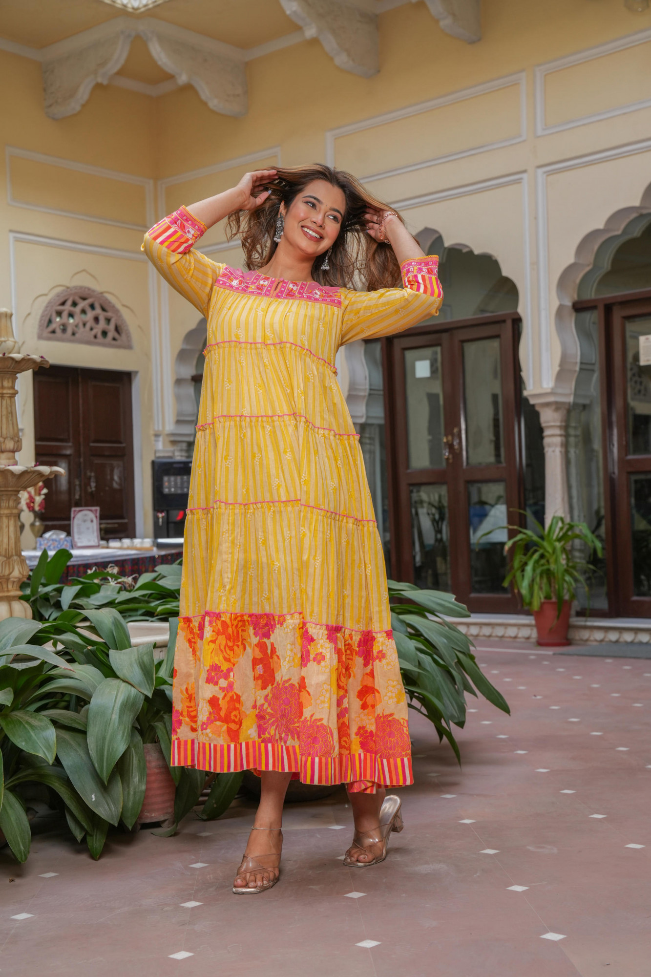 Mustard Cotton Floral Printed A-Line Tiered Long Dress