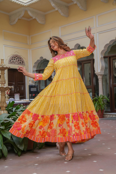 Mustard Cotton Floral Printed A-Line Tiered Long Dress