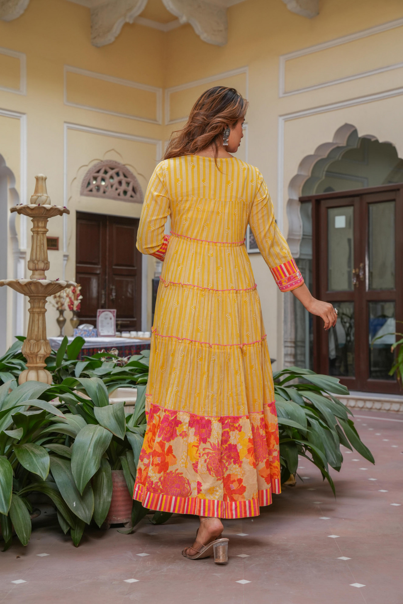 Mustard Cotton Floral Printed A-Line Tiered Long Dress