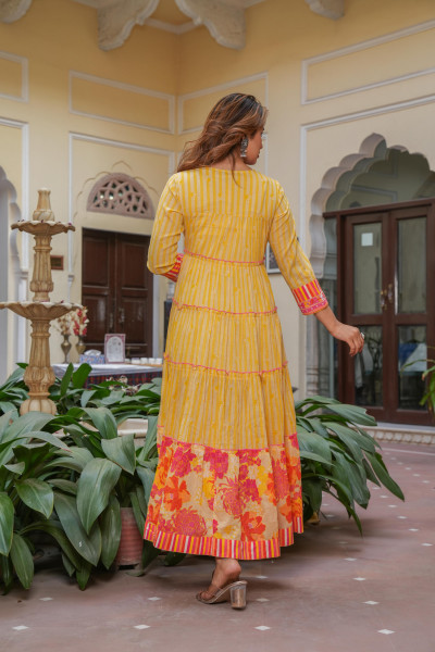 Mustard Cotton Floral Printed A-Line Tiered Long Dress
