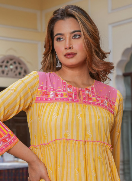 Mustard Cotton Floral Printed A-Line Tiered Long Dress