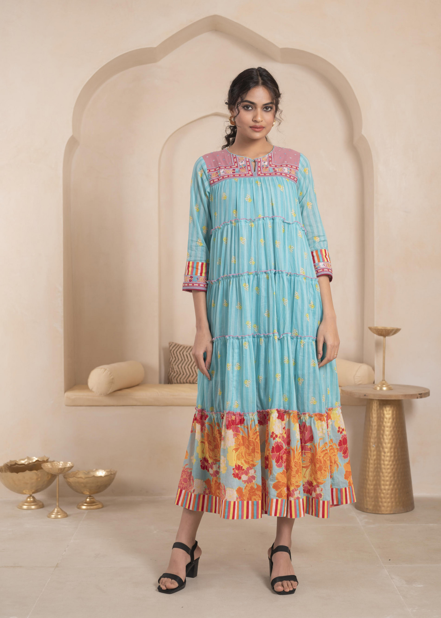 Sky Blue Cotton Floral Printed A-Line Tiered Long Dress