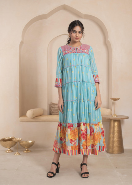 Sky Blue Cotton Floral Printed A-Line Tiered Long Dress