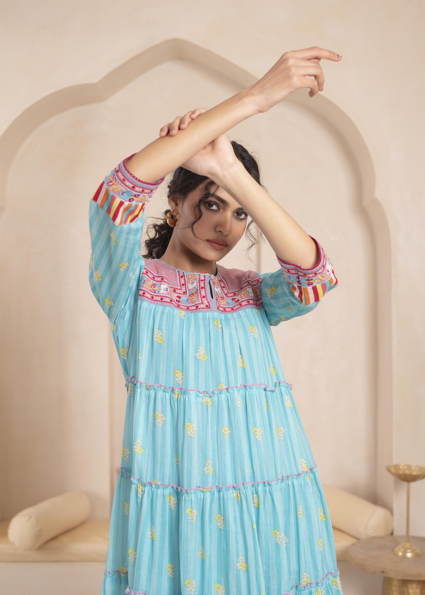 Sky Blue Cotton Floral Printed A-Line Tiered Long Dress