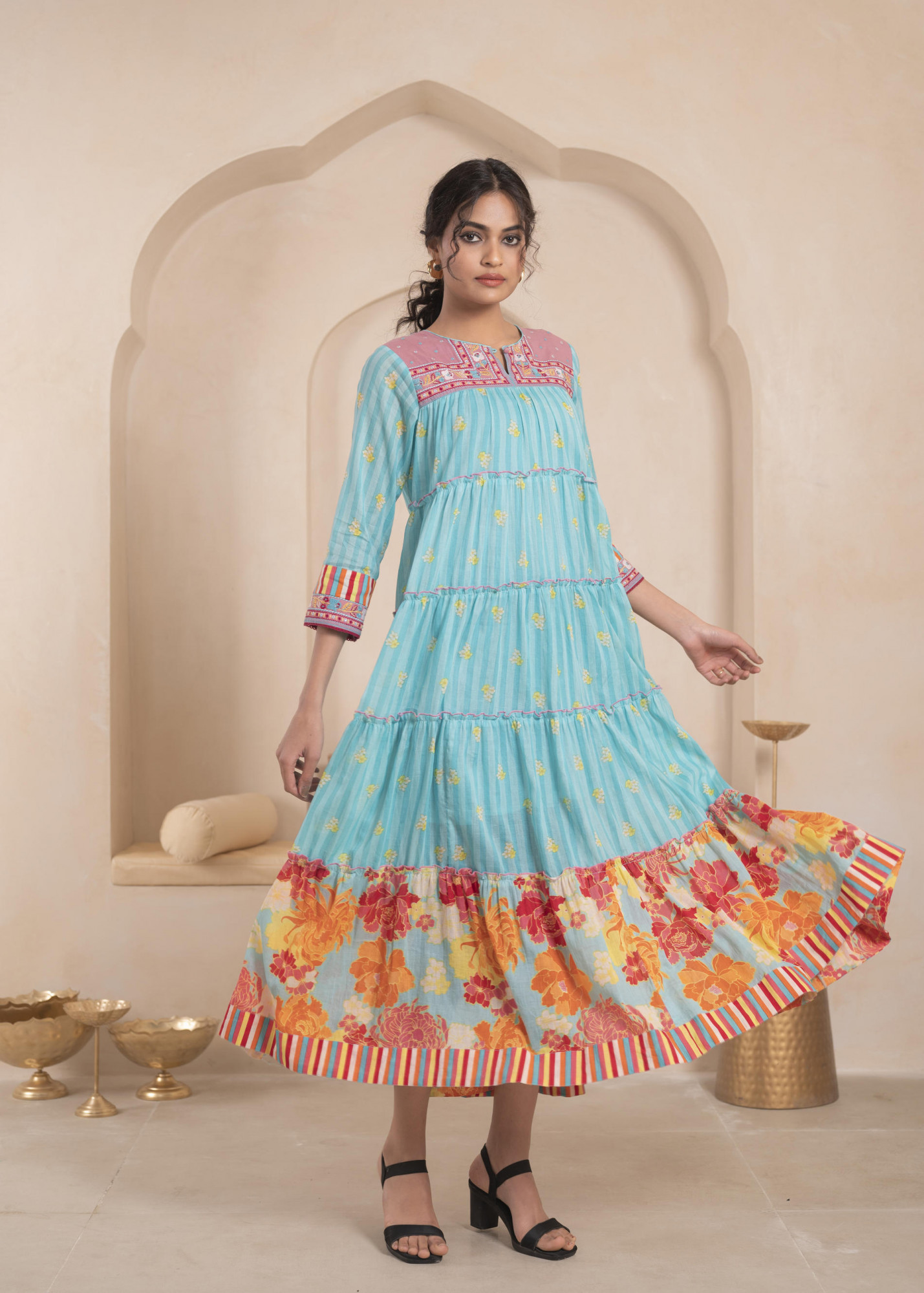 Sky Blue Cotton Floral Printed A-Line Tiered Long Dress