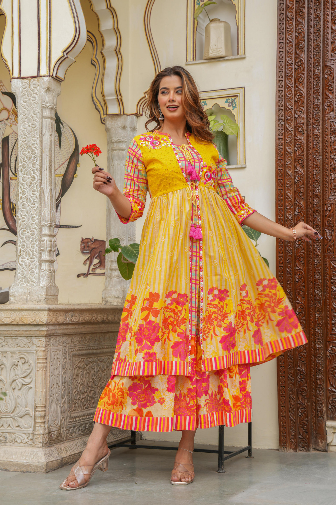 Mustard Cotton Floral Printed A-Line Fit & Flare Long Dress with Inner, Sequins, Mirror Work, Doris, and Tassels