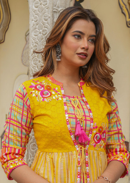 Mustard Cotton Floral Printed A-Line Fit & Flare Long Dress with Inner, Sequins, Mirror Work, Doris, and Tassels