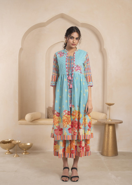 Sky Blue Cotton Floral Printed A-Line Fit & Flare Long Dress with Inner, Sequins, Mirror Work, Doris, and Tassels