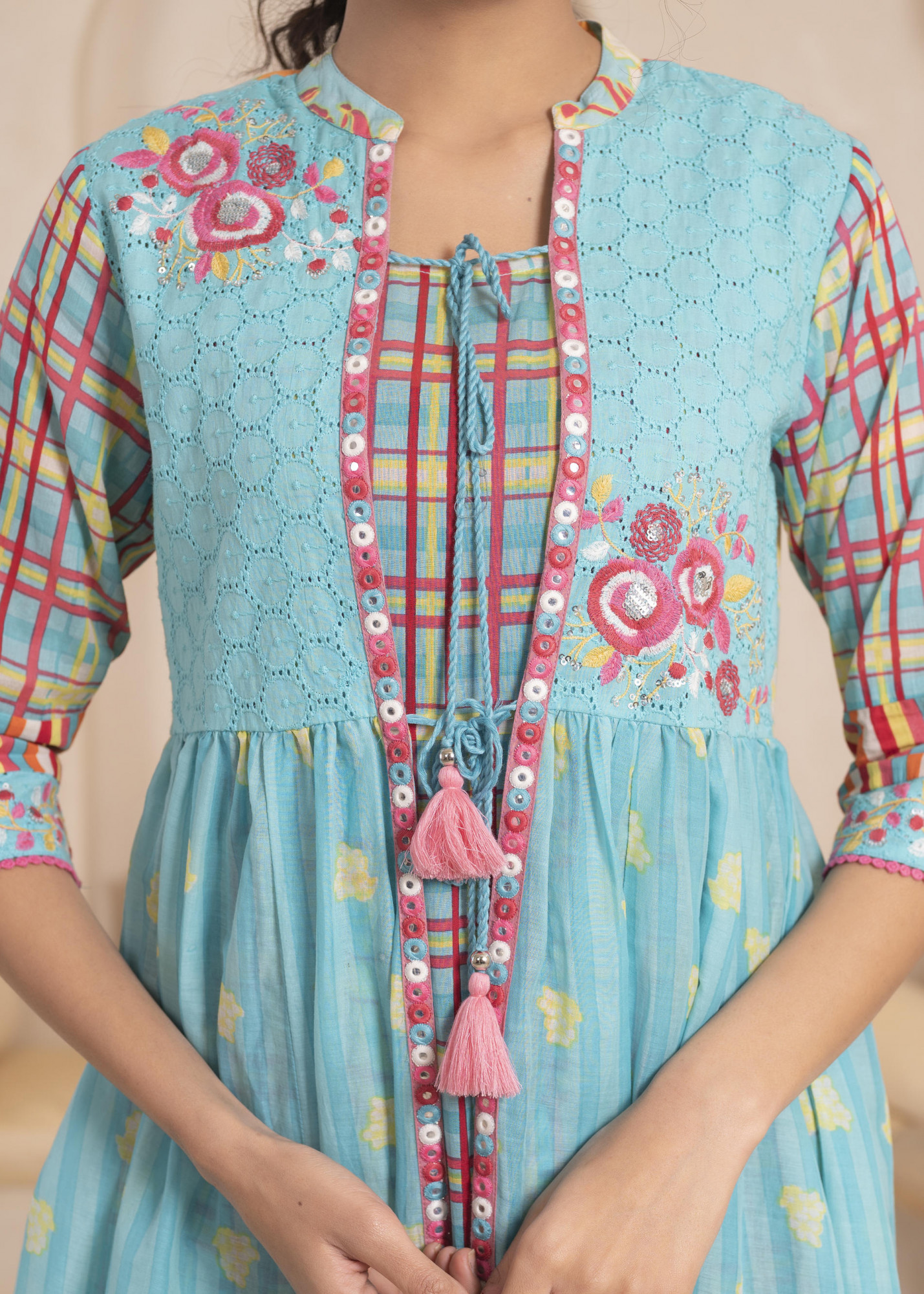 Sky Blue Cotton Floral Printed A-Line Fit & Flare Long Dress with Inner, Sequins, Mirror Work, Doris, and Tassels