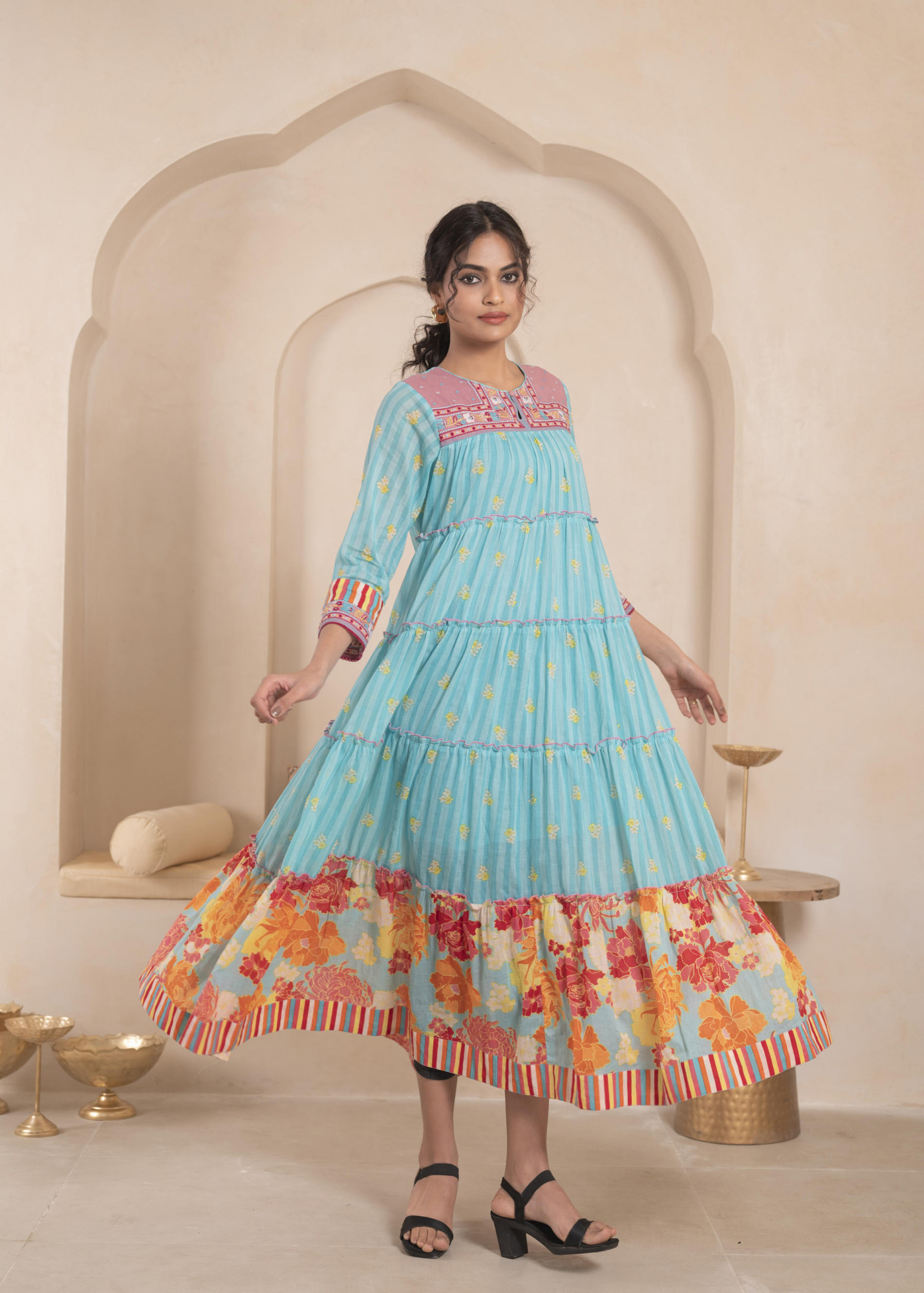 Sky Blue Cotton Floral Printed A-Line Fit & Flare Long Dress with Inner, Sequins, Mirror Work, Doris, and Tassels