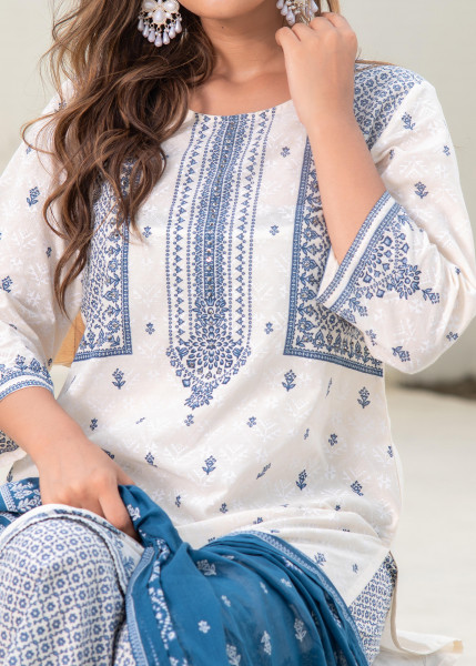 Ivory Printed Kurta Pant and Dupatta Set with Sequins and Embroidered Detailing