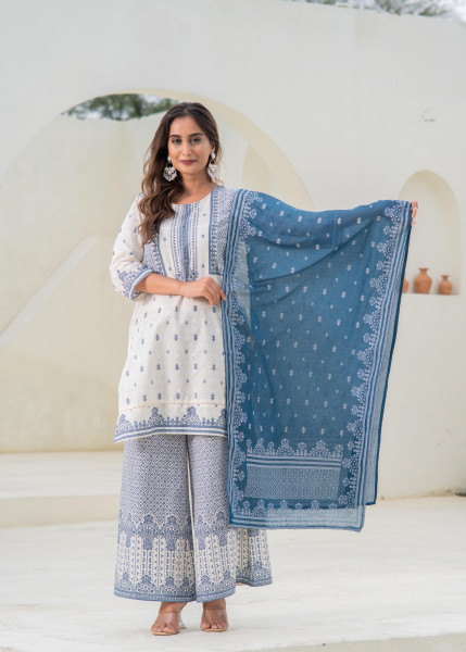 Ivory Printed Kurta Pant and Dupatta Set with Sequins and Embroidered Detailing
