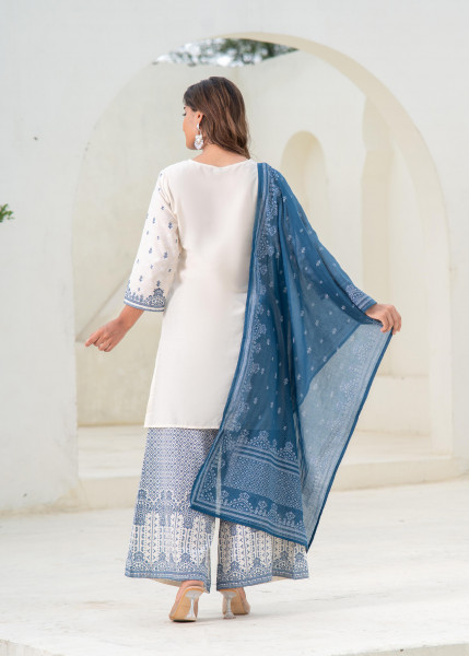 Ivory Printed Kurta Pant and Dupatta Set with Sequins and Embroidered Detailing