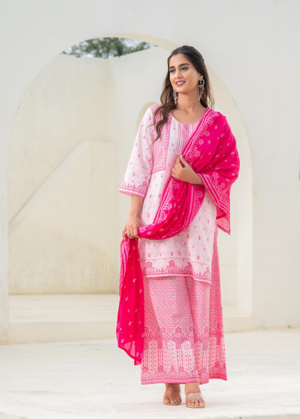 Pink Printed Kurta Pant and Dupatta Set with Sequins and Embroidered Detailing