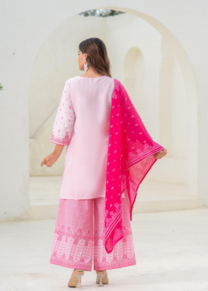 Pink Printed Kurta Pant and Dupatta Set with Sequins and Embroidered Detailing