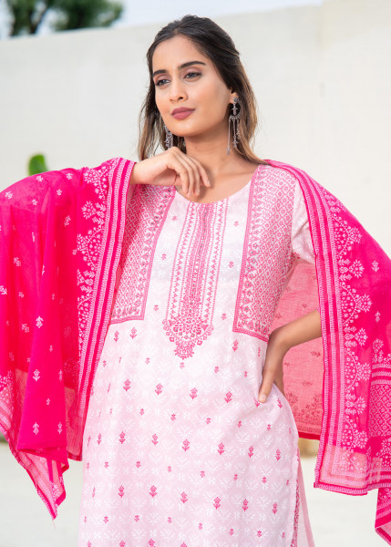 Pink Printed Kurta Pant and Dupatta Set with Sequins and Embroidered Detailing