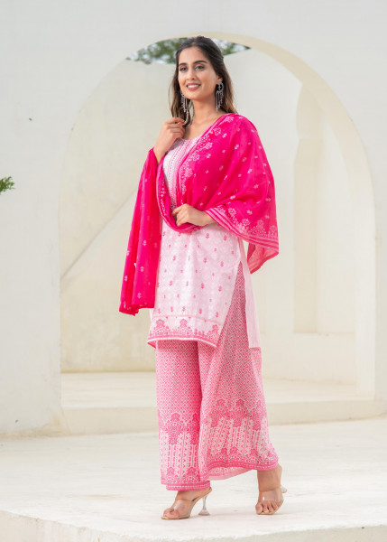 Pink Printed Kurta Pant and Dupatta Set with Sequins and Embroidered Detailing