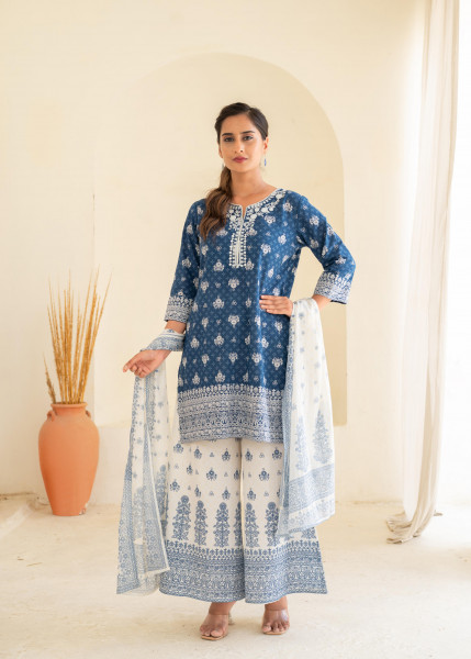 Indigo Floral Kurta Pant and Dupatta Set with Thread and Sequin Work