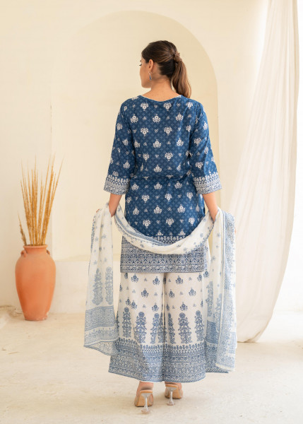 Indigo Floral Kurta Pant and Dupatta Set with Thread and Sequin Work