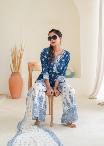 Indigo Floral Kurta Pant and Dupatta Set with Thread and Sequin Work