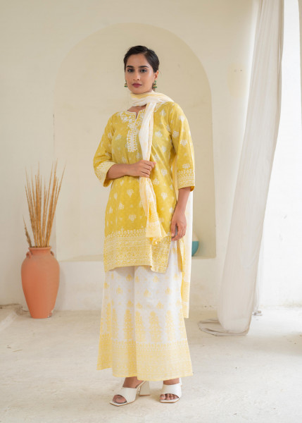 Mustard Floral Kurta Pant and Dupatta Set with Thread and Sequin Work