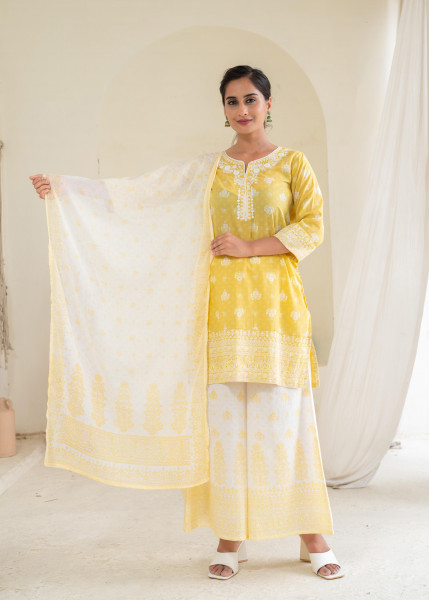Mustard Floral Kurta Pant and Dupatta Set with Thread and Sequin Work