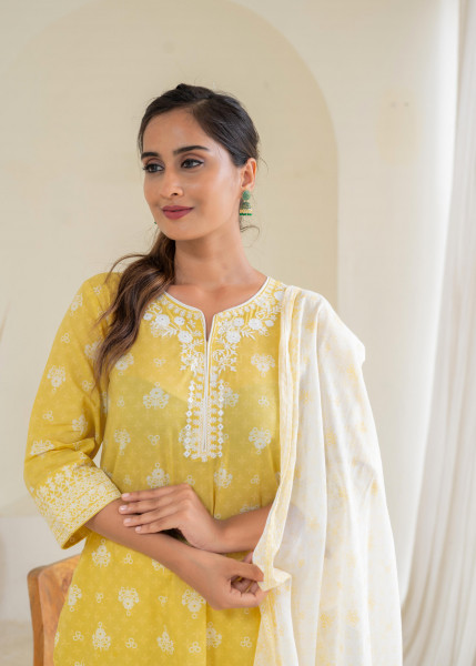 Mustard Floral Kurta Pant and Dupatta Set with Thread and Sequin Work
