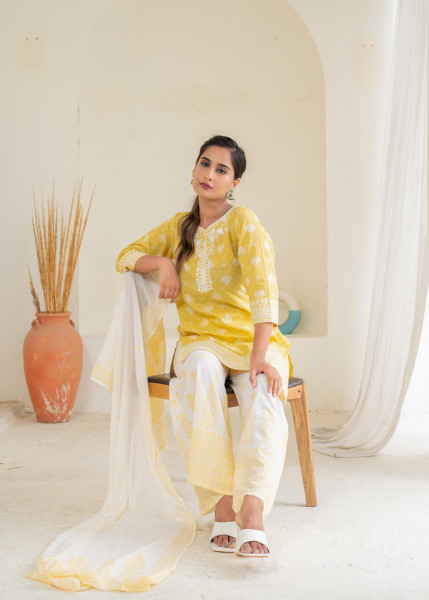 Mustard Floral Kurta Pant and Dupatta Set with Thread and Sequin Work