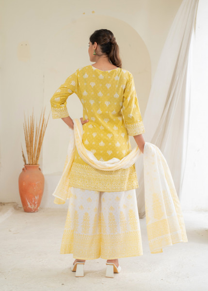 Mustard Floral Kurta Pant and Dupatta Set with Thread and Sequin Work