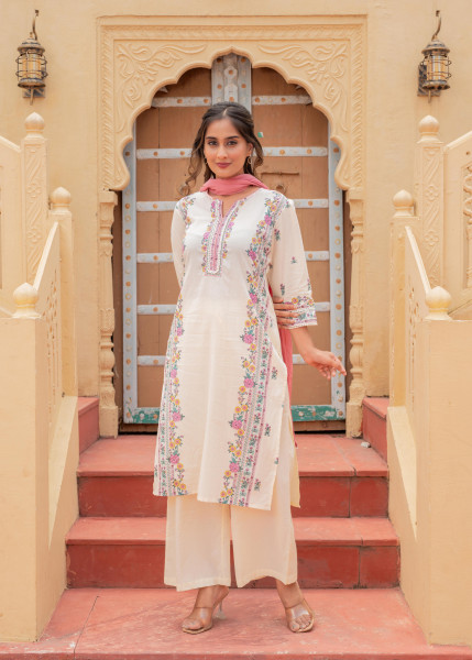 Ivory Floral Printed Kurta Pant and Dupatta Set with Lace and Sequin Detailing