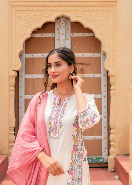 Ivory Floral Printed Kurta Pant and Dupatta Set with Lace and Sequin Detailing