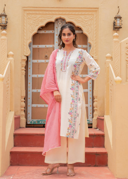 Ivory Floral Printed Kurta Pant and Dupatta Set with Lace and Sequin Detailing